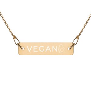 VEGAN Engraved Silver Bar Chain Necklace with Avocado symbol in 4 finishes 24k Gold Coating Rose Gold Silver Vegetarian
