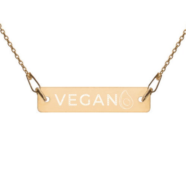 VEGAN Engraved Silver Bar Chain Necklace with Avocado symbol in 4 finishes 24k Gold Coating Rose Gold Silver Vegetarian