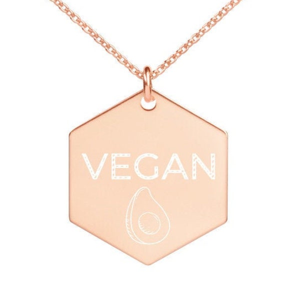 VEGAN Engraved Silver Hexagon Necklace with Avocado symbol in 3 finishes