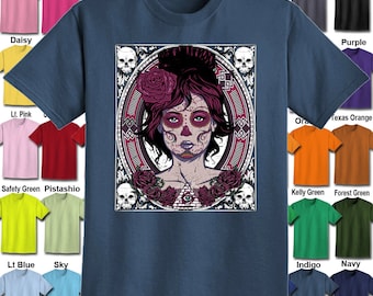 Lady Sugar Skull T-Shirt - Adult Unisex - We carry sizes S - 5XL in 30 Colors!