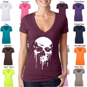 Melting / Dripping Skull - Ladies' CVC Deep V Tee - Sizes S-2XL in 18 colors