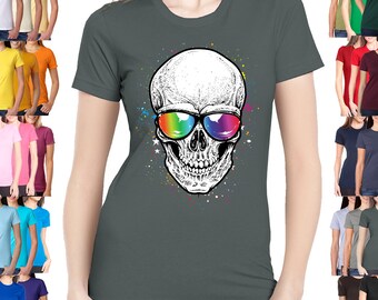 Skull with Rainbow Shades - Ladies' Boyfriend Tee - Sizes XS-3XL in 21 colors