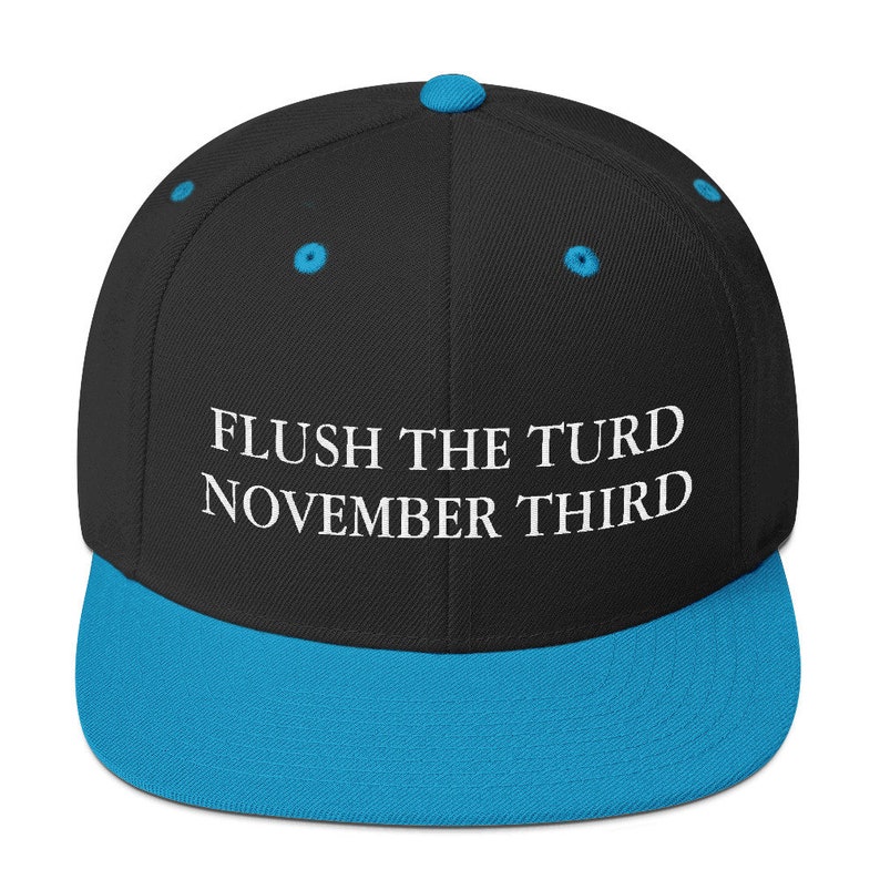 May include: A black and blue baseball cap with the text "FLUSH THE TURD NOVEMBER THIRD" embroidered in white.