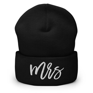 Mrs Embroidered Cuffed Beanie Knit Hat | Bride Hat Married Woman