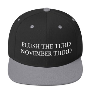 May include: A black and gray baseball cap with the text "FLUSH THE TURD NOVEMBER THIRD" in white.