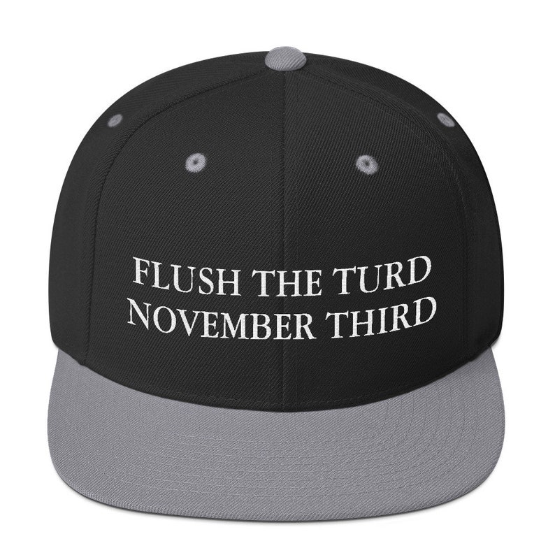 May include: A black and gray baseball cap with the text "FLUSH THE TURD NOVEMBER THIRD" in white.