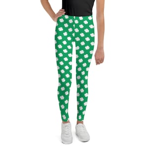 Shamrock Youth Leggings - Green Pants with White Shamrocks - Sizes 8-20 Youth Kids