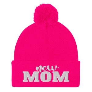 New Mom Embroidered Pom-Pom Beanie Hat | Mother&#39;s day gift, New Mom, Funny Baby Shower Gift, Christmas gift, It&#39;s a Boy! It&#39;s a Girl!
