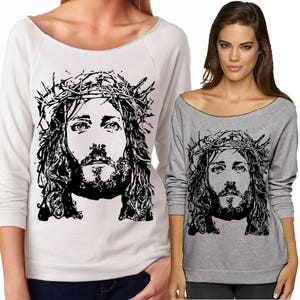 Jesus Christ (Black Design) - Ladies' Terry Raw-Edge 3/4-Sleeve Raglan Tee - S-2XL in 13 colors