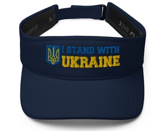May include: A navy blue visor with an embroidered yellow and blue Ukrainian trident and the text "I Stand With Ukraine".