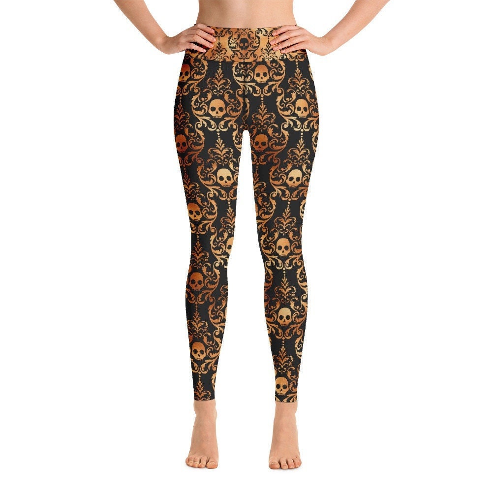 Gothic Skulls Yoga Leggings Black and Copper 