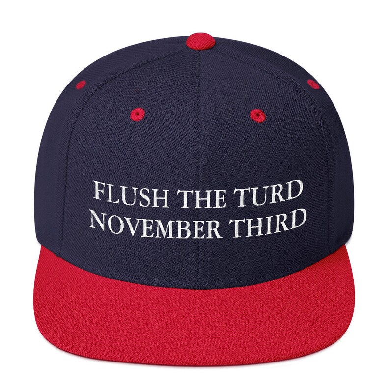 May include: A navy blue and red baseball cap with the text "FLUSH THE TURD NOVEMBER THIRD" embroidered in white.