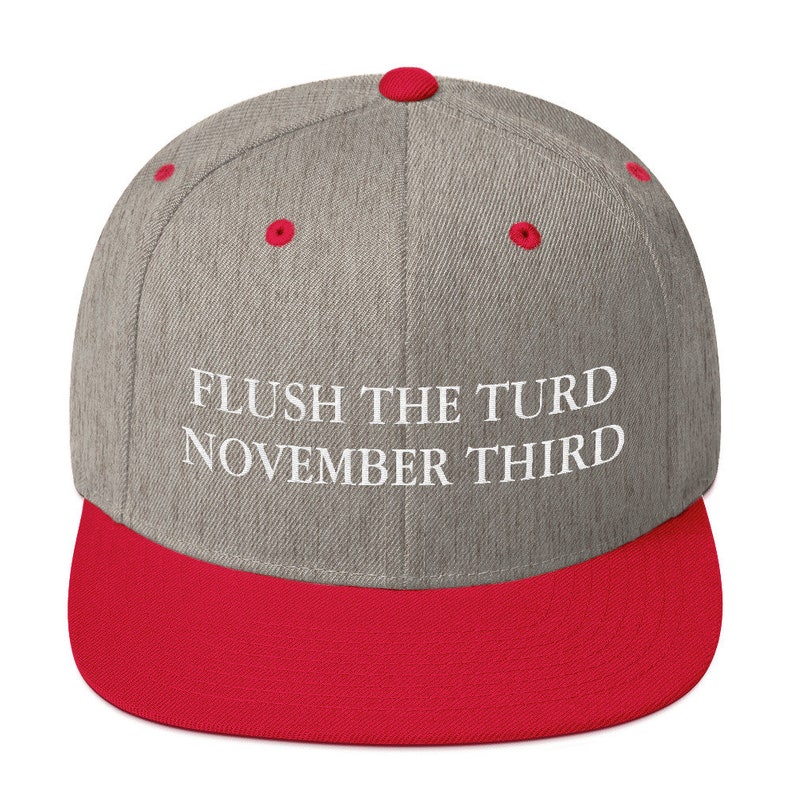 May include: A gray and red baseball cap with the text "FLUSH THE TURD NOVEMBER THIRD" in white.