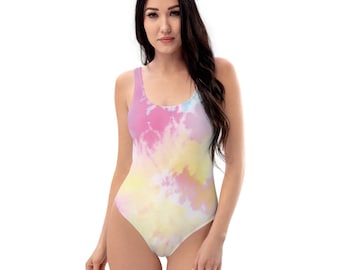 Tie-Dye Cotton Candy One-Piece Swimsuit Sizes XS-3XL Pink Yellow Blue White