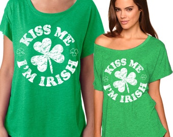 Kiss Me I'm Irish - Ladies' Triblend Dolman Tee - Sizes XS-3XL in 10 colors