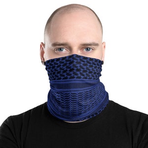 Keffiyeh Palestinian Washable Face Mask Neck Gaiter | Arab Scarf Pattern Shemagh Protester Black and Blue Free Palestine