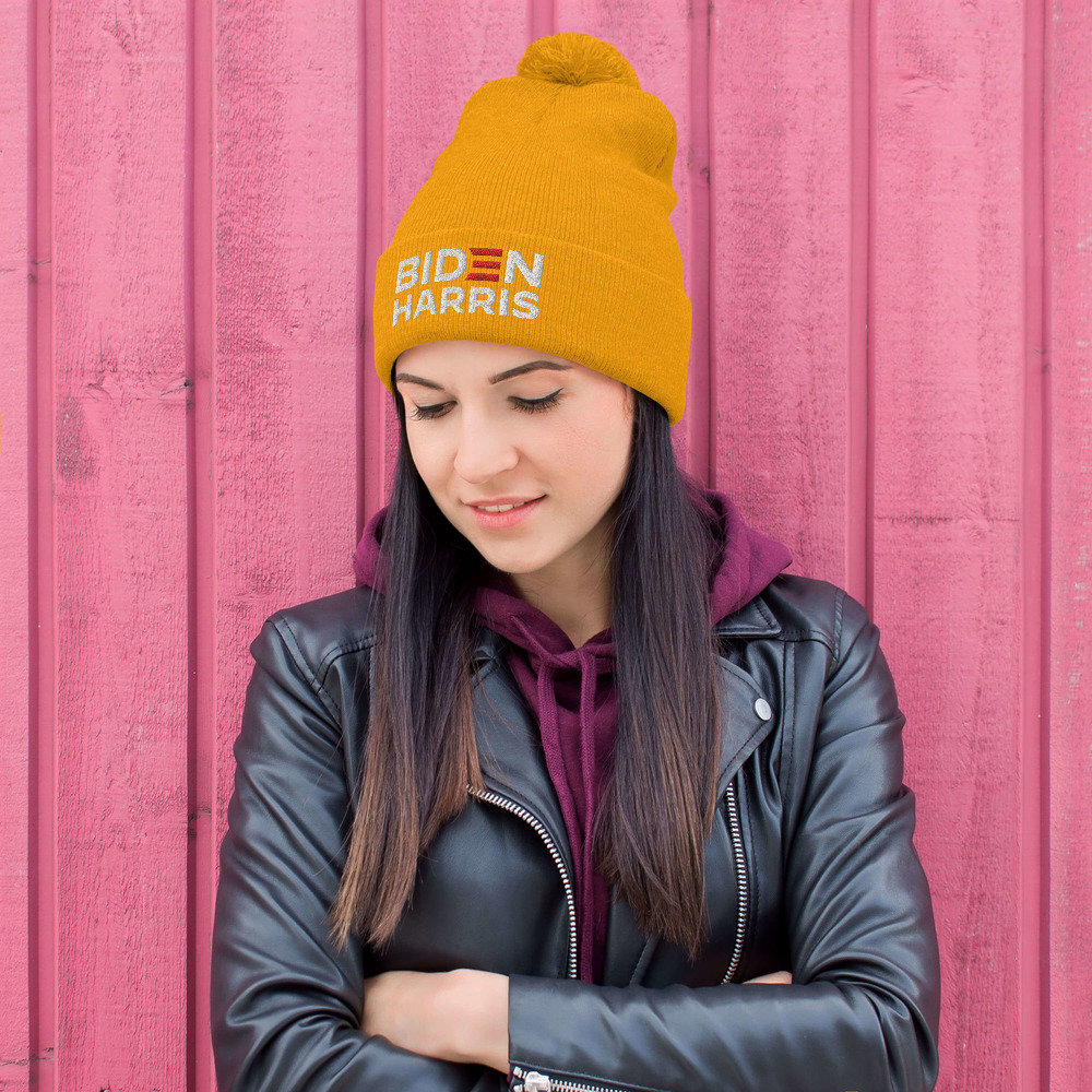 Biden Harris Pom-Pom Beanie - Navy, Red, White Biden Harris Embroidered Pom-pom Beanie Knit Hat | Joe Biden  main image 4