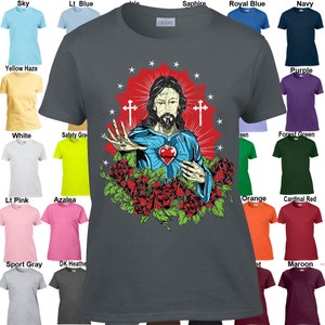 Jesus Sacred Heart Roses T-Shirt - Classic Fit Ladies' T-Shirt - Sizes XS - 3XL Available in 21 colors!