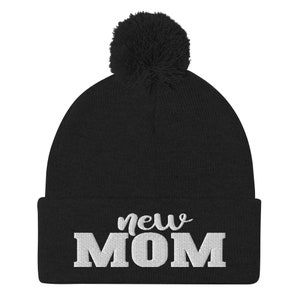 New Mom Embroidered Pom-Pom Beanie Hat | Mother&#39;s day gift, New Mom, Funny Baby Shower Gift, Christmas gift, It&#39;s a Boy! It&#39;s a Girl!