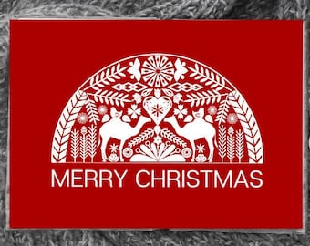 Nordic Christmas Folkart Red Greeting Card or poster Instant Digital Download Printable Poster or Card - Finnish, Swedish, Danish