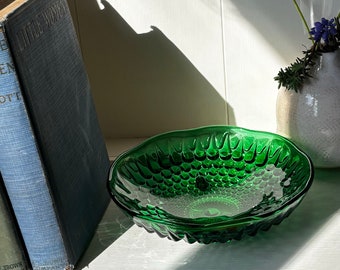 Vintage Anchor Hocking footed bowl/dish, forest green, hobnail