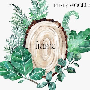 Watercolor Wooden slice, Forest Frame, watercolor crest frame, Woodland wedding invitation, fern leaves forest greenery wreath, Wood slices