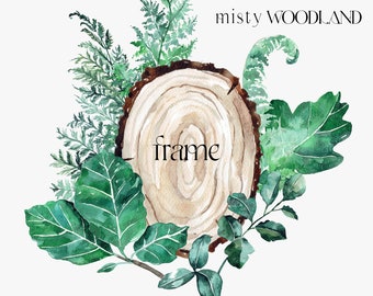 Watercolor Wooden slice, Forest Frame, watercolor crest frame, Woodland wedding invitation, fern leaves forest greenery wreath, Wood slices