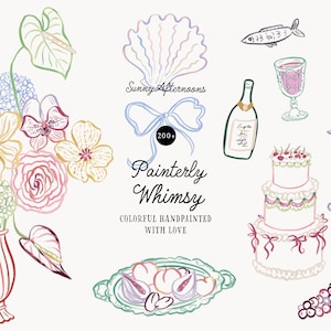 Può includere: Un'illustrazione stravagante con un bouquet di fiori, una torta, una bottiglia di vino e altri elementi decorativi. Il testo recita "Sunny Afternoons" e "Painterly Whimsy, Colorful Handpainted With Love."