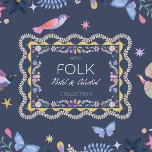 Könnte beinhalten: Digitale Illustration mit marineblauem Hintergrund, mit Vögeln, Schmetterlingen, Blumen und Sternen. Das zentrale Designelement ist ein dekorativer Rahmen mit den Worten "FOLK Pastel & Celestial Collection".