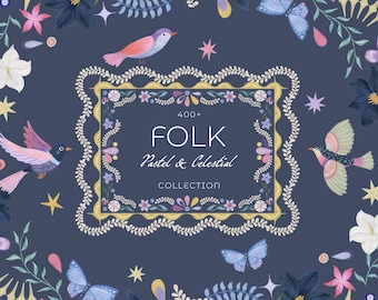 Folk art clipart, Whimsy folklore frames PNG, Celestial wedding invite, Cosmic Folkart, Watercolor floral mystic invitations