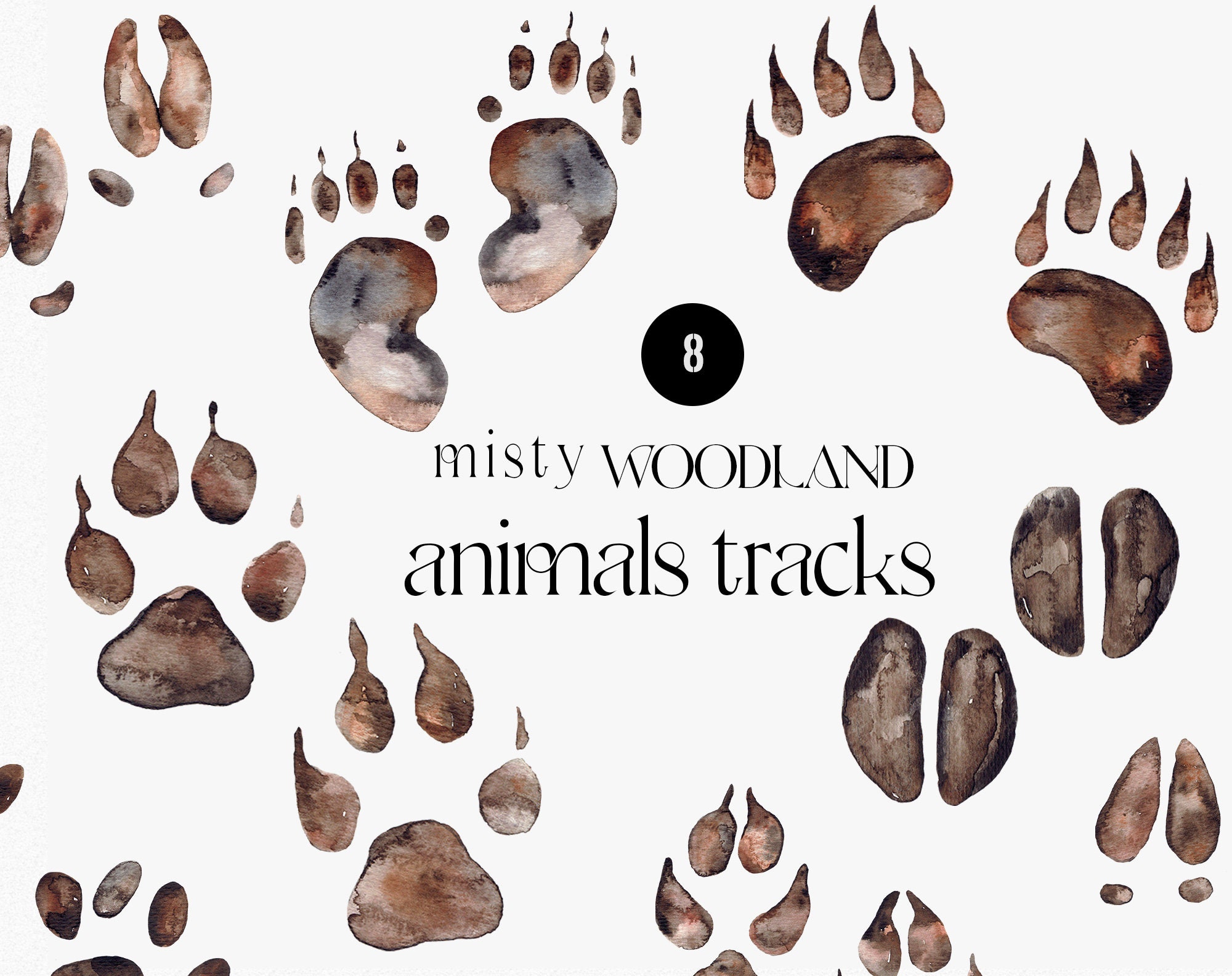 Animals tracks Watercolor clipart, forest animal track, forest decor, rustic style, forest field guide, Animal paw prints elements png