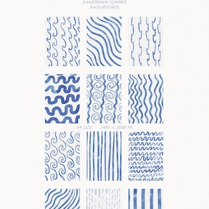 May include: A collection of hand-drawn summer backgrounds in shades of blue, featuring various wave and line patterns. The text "Saltwater Coast" is at the top, with "Handdrawn Summer Backgrounds" below. The image is A4 size, 2480 x 3508 px.