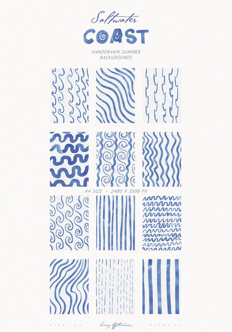 May include: A collection of hand-drawn summer backgrounds in shades of blue, featuring various wave and line patterns. The text "Saltwater Coast" is at the top, with "Handdrawn Summer Backgrounds" below. The image is A4 size, 2480 x 3508 px.