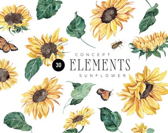Könnte beinhalten: Aquarell-Illustration von 30 Sonnenblumen-Elementen. Die Illustration zeigt Sonnenblumen in verschiedenen Blühstadien mit gelben Blütenblättern und braunen Zentren. Die Illustration enthält auch grüne Blätter und Schmetterlinge.