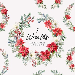 Christmas Harmony floral Wreaths Watercolor clipart, Christmas flowers wreath, Christmas invitation frame, winter holidays card wreaths png