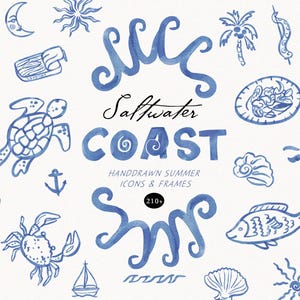 Coastal Blue Doodles Clipart - Hand drawn coastal icons PNG - Ocean Whimsy frames - Dolce Vita wedding invite - Italian summer line art