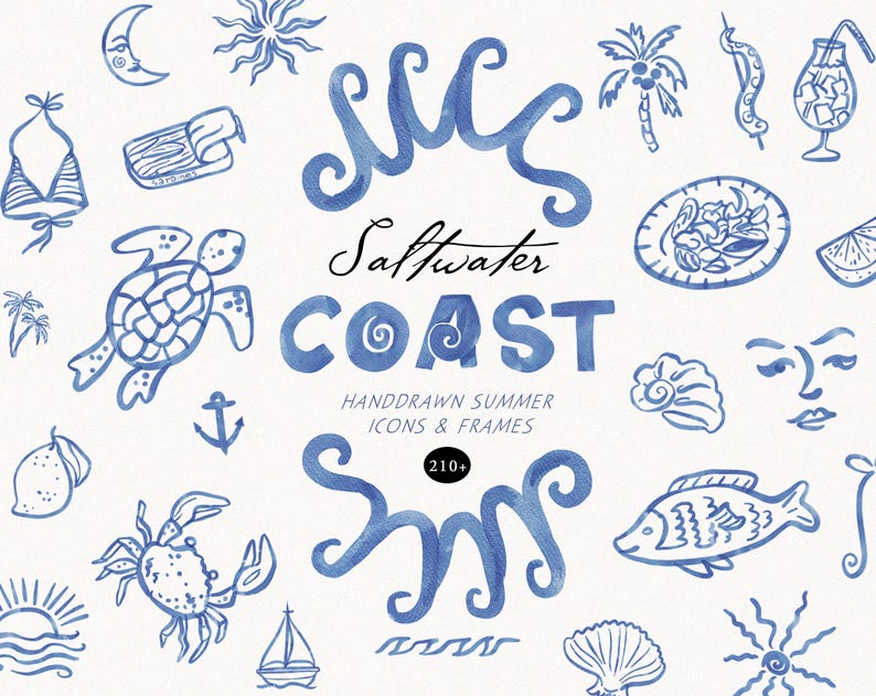 May include: Watercolor illustrations in shades of blue on a white background. The image features various summer-themed icons, including a turtle, crab, sailboat, and the words "Saltwater Coast". The text also includes "Handdrawn Summer Icons & Frames".