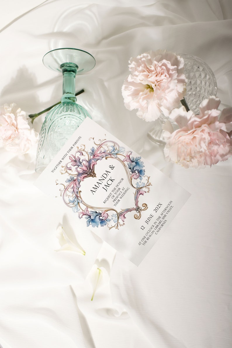 May include: Wedding invitation with a floral design in shades of pink, blue, and gold. The invitation reads "Amanda & Jack" and includes the date "12 June 202X" and the location "The Reagan Library, Simi Valley, California".