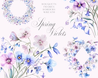 May include: Watercolor illustration of spring violets, featuring bouquets, frames, borders, wreaths, and floral arrangements. The illustration is in shades of blue, purple, and pink.