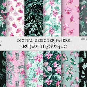 Tropic Mystique Digital Papers Watercolor exotic clipart, Jungle leaves, dark tropical seamless patterns, tropics, Palm leaves mint pink PNG