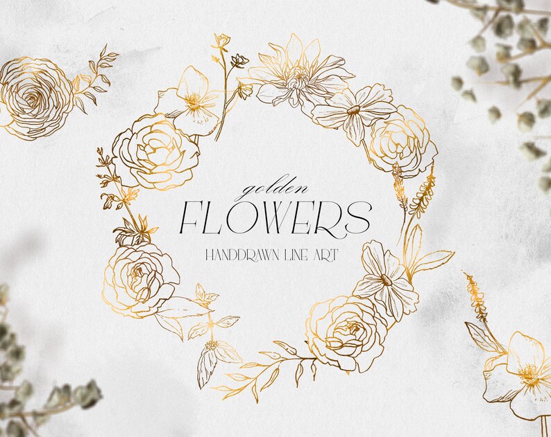 May include: Hand-drawn line art of golden flowers in a wreath design. The text "golden FLOWERS HANDDRAWN LINE ART" is displayed in the center of the wreath.