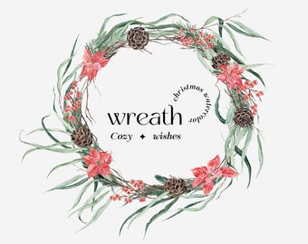 Cosy Winter Wreath Clipart aquarelle, cadre de Noël, verdure de couronne hivernale naturelle, branche de pin Téléchargement de cadre numérique PNG