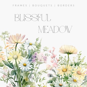 Imágenes prediseñadas florales de acuarela - Delicadas flores de pradera - Flores silvestres de acuarela PNG - Imágenes prediseñadas florales de boda - Marcos florales, bordes