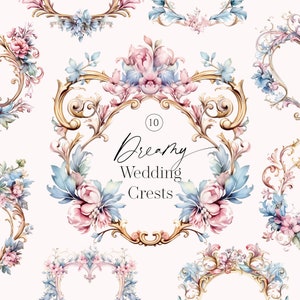 Dromerige bruiloft toppen, pastel bruiloft aquarel crest clipart, barokke Crest, Rococo Frame, bruiloft uitnodigen barokke frames digitale download