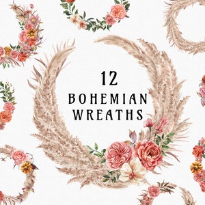 Clipart de couronnes d'herbe de Pampa Bloom Boho, feuilles de palmier séchées bohèmes, cadres de roses aquarelles florales, couronne neutre de fleurs séchées PNG