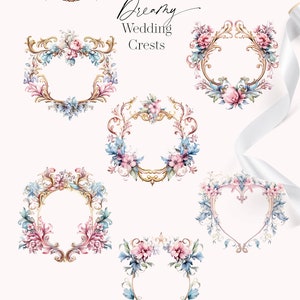 May include: Ten watercolor illustrations of ornate, gold, floral wedding crests. Each crest features a different design with a heart, oval, or round shape. The crests are decorated with pink and blue flowers and leaves.