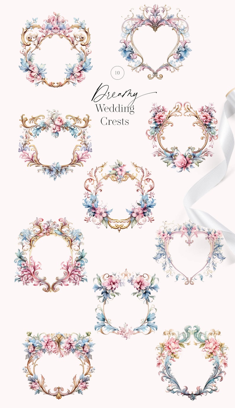 May include: Ten watercolor illustrations of ornate, gold, floral wedding crests. Each crest features a different design with a heart, oval, or round shape. The crests are decorated with pink and blue flowers and leaves.