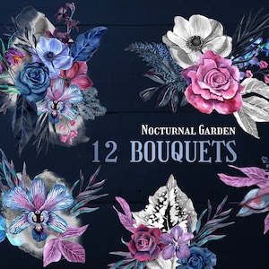 Nachtelijke tuinboeketten, donkere aquarel bloemstukken, anemonen, indigo rozen, begonia, viooltjes orchideeën mystieke magische digitale PNG