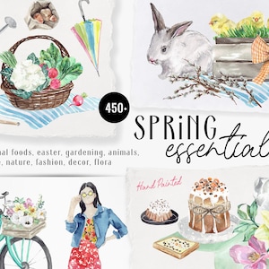 PRIMAVERA Essentials acquerello - coniglietti pasquali pulcini giardinaggio - elementi fai da te - persone animali carini natura tulipani verdure stagioni clipart PNG