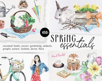 SPRING Essentials watercolor - easter bunnies chicks gardening -DIY elements- people cute animals nature tulips veggies seasons clipart PNG